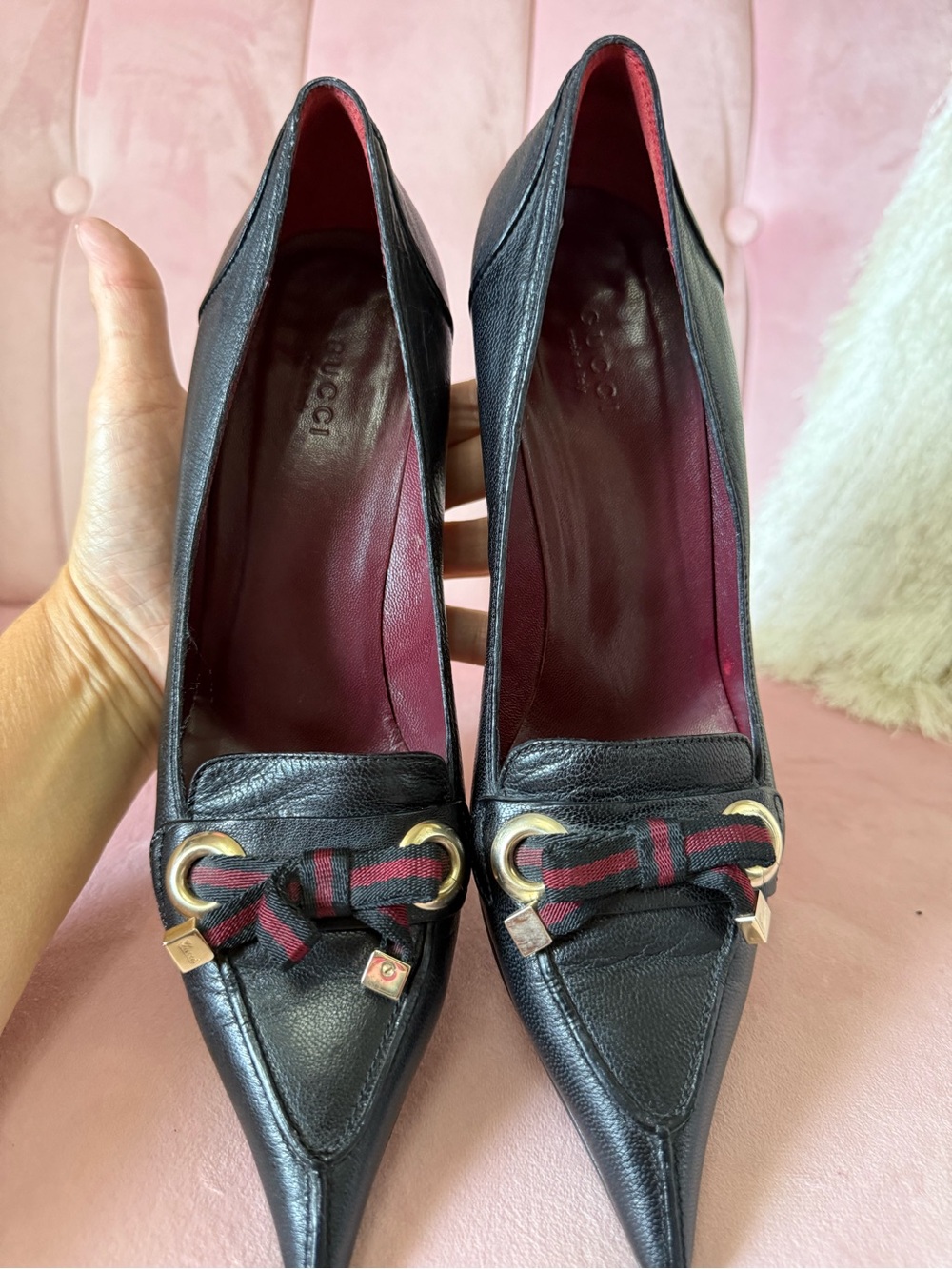 💯Auth! GUCCI Black Leather Kitten Heels Red/Green Bow Gold GG Dice Accent Size 8